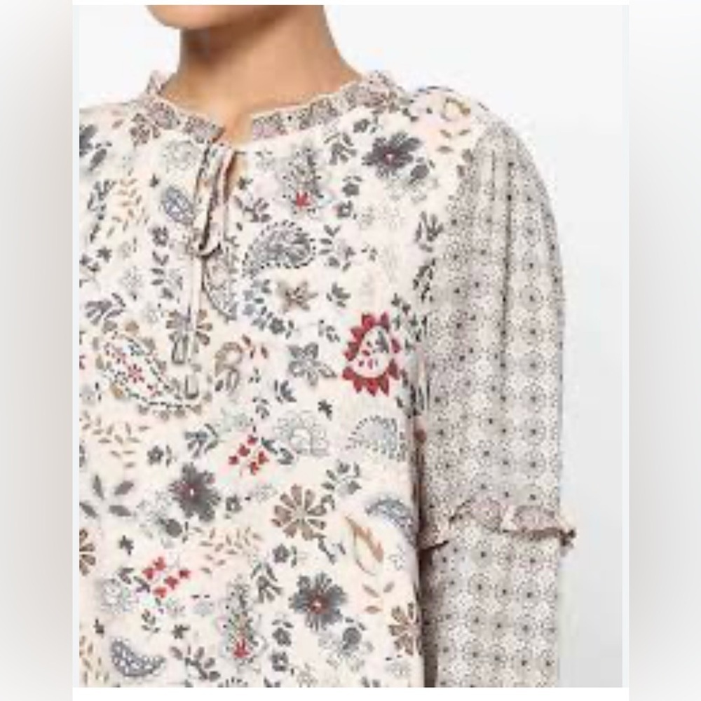 DNMX Mixed Print -Floral -Plaid Peasant Blouse-Tie Neck Flounce Sleeve EUC-SzL​​